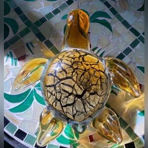 Amber Gold blown glass sea turtle, Turtle Sculpture, paperweight, Turtle Lover